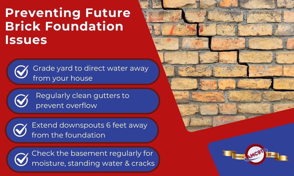 Infographic listing ways to prevent future brick foundation issues: -Grade yard to direct water away from your house -Regularly clean gutters to prevent overflow -Extend downspouts 6 feet away from the foundation -Check the basement regularly for moisture, standing water, & cracks