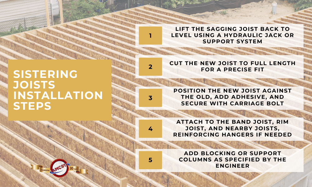 an infographic by AMC911 explaining joist sistering installation 
