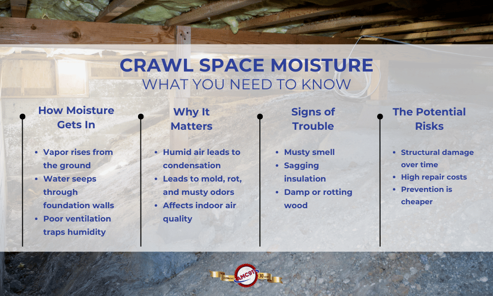 An infographic by AMC911 that explains what you need to know about crawl space moisture