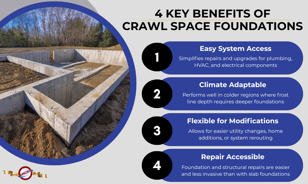 An infographic by AMC911 that highlights the benefits of crawl space foundations