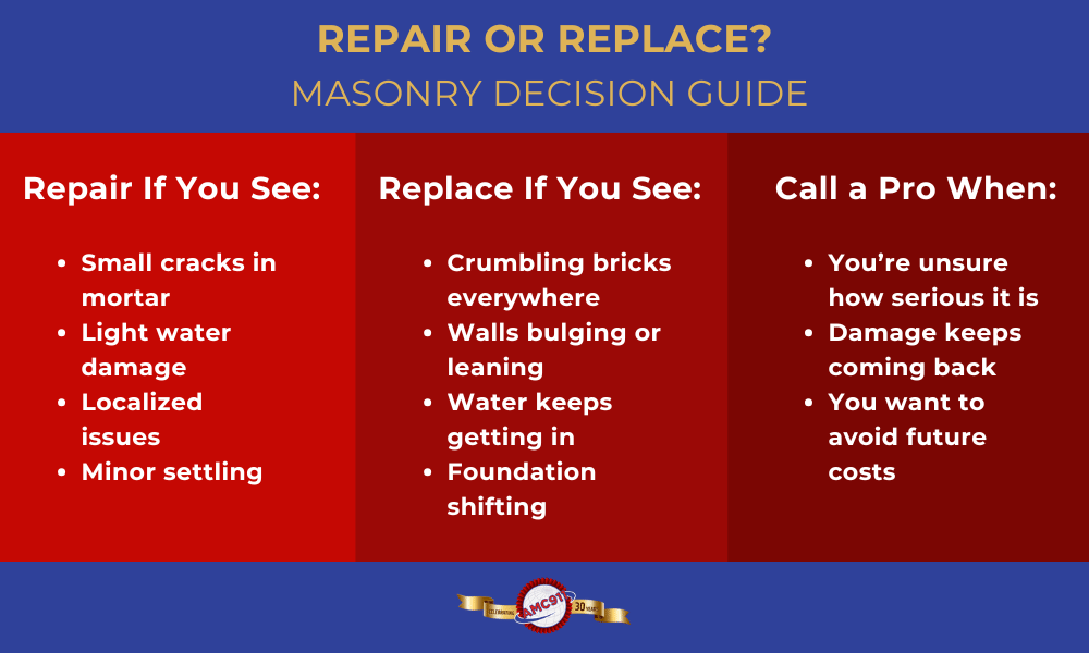 An infographic by AMC911 that explains when to repair or replace your masonry