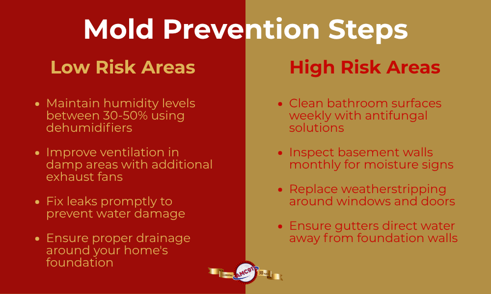 An infographic by AMC911 that explains mold prevention steps for high and low risk areas