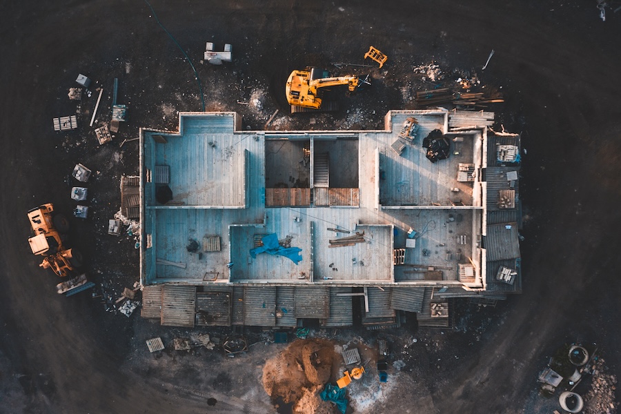 Drone footage of the inside of a house under construction
