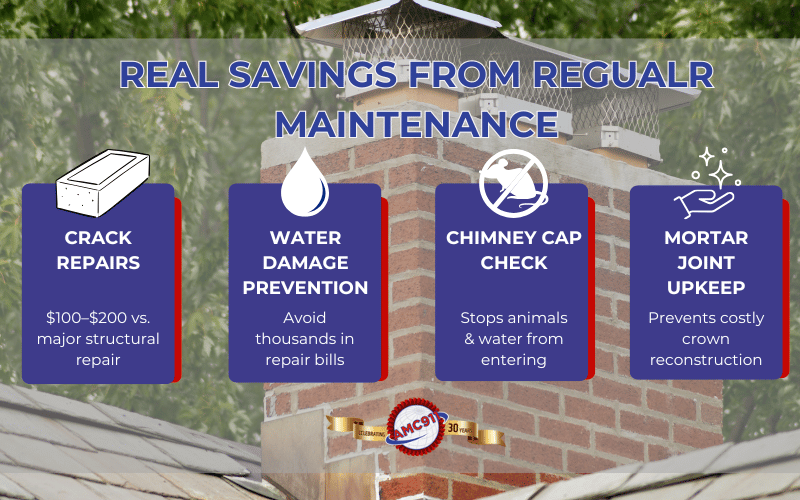 An infographic by AMC911 about the savings you can gain by conducting regular maintenance on your chimney.