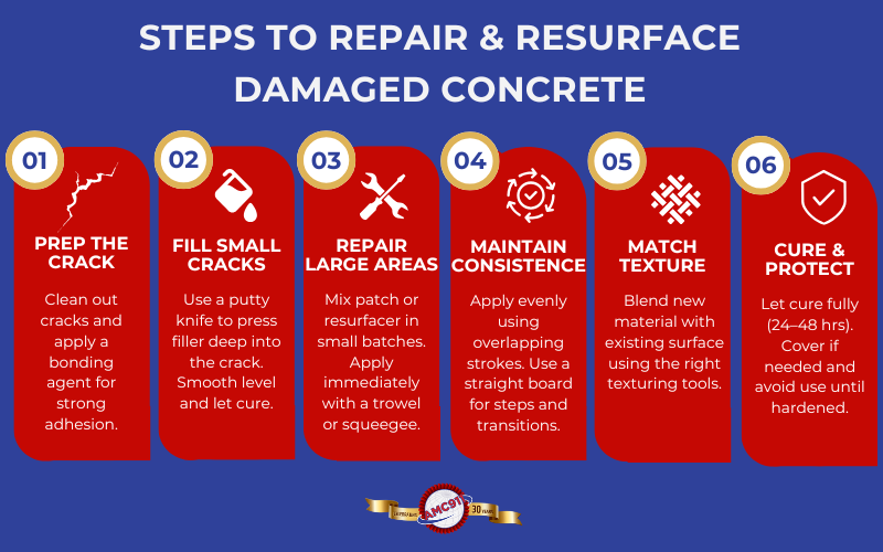 An infographic by AMC911 explaining the process to repair concrete