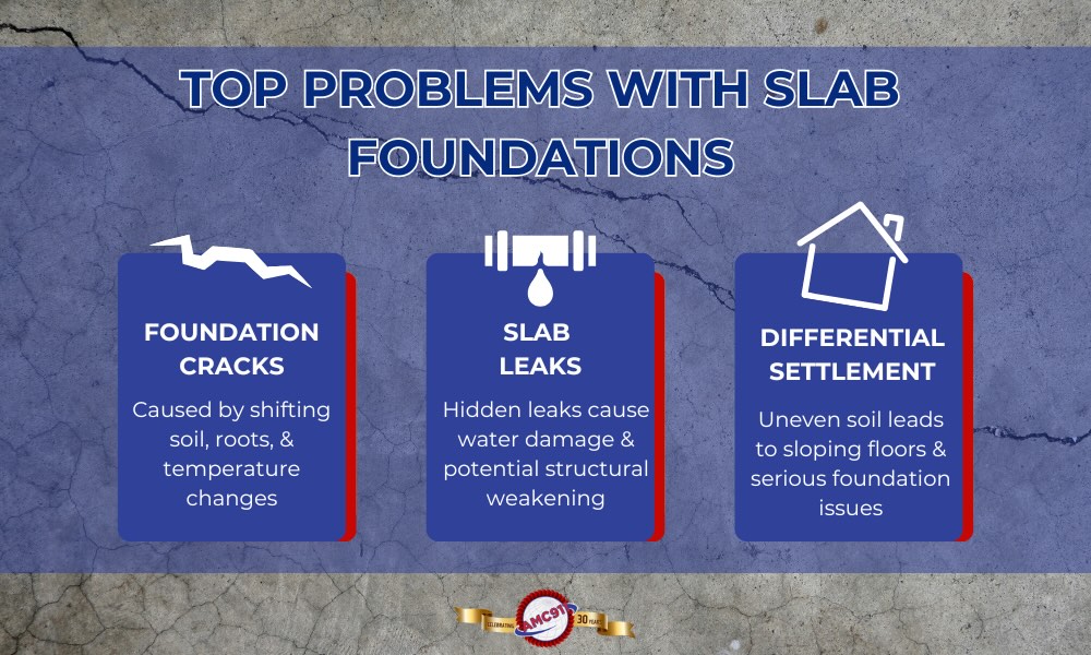 Infographic listing the top problems with slab foundations, including foundation cracks (caused by shifting soil, roots, & temperature cahnges), slab leaks (cause water damage & potential structural weakening), and differential settlement (uneven oil leads to sloping floors & serious foundation issues).