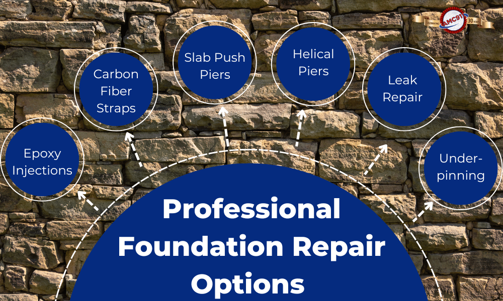 Infographic listing professional foundation repair options, including epoxy injections, carbon fiber straps, slab push piers, helical piers, leak repair, and under-pinning.