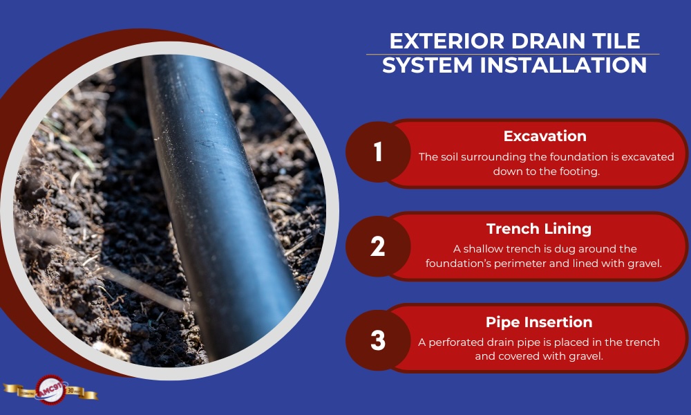Infographic listing the steps of exterior drain tile system installation: 1. excavation, 2. trench lining, and 3. pipe insertion.