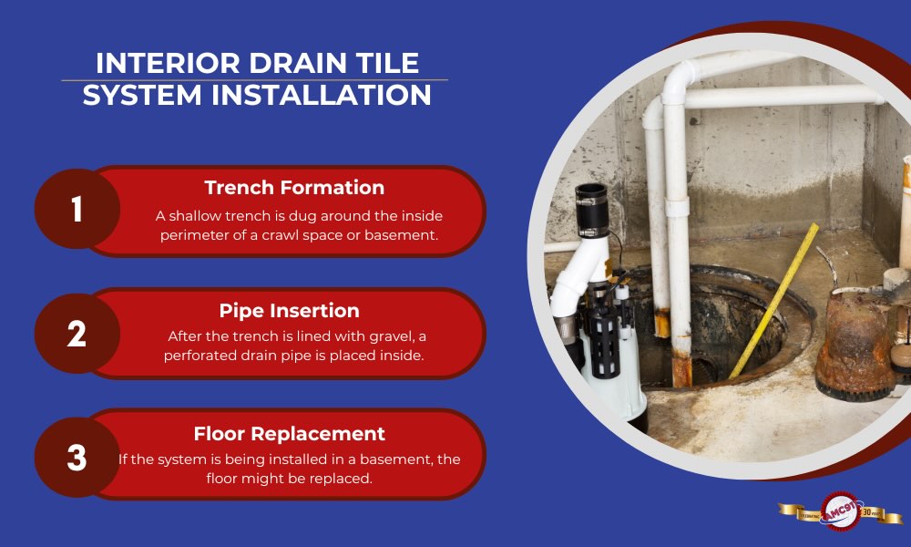 Infographic listing the steps for interior drain tile system installation: 1. trench formation, 2. pipe insertion, and 3. floor replacement.