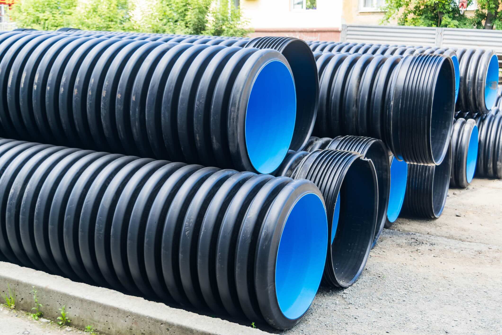 Corrugated water pipes of large diameter prepared for laying