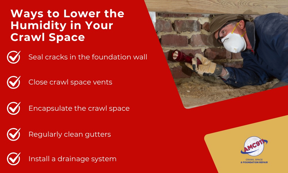 Infographic titled "Ways to Lower the Humidity in Your Crawl Space": seal cracks in the foundation wall, close crawl space vents, encapsulate the crawl space, regularly clean gutters, and install a drainage system. The infographic also features a man inspecting a crawl space.