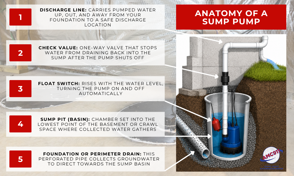 Anatomy of a sump pump infographic: Discharge line, check value, float switch, sump pit (basin), and foundation or perimeter drain