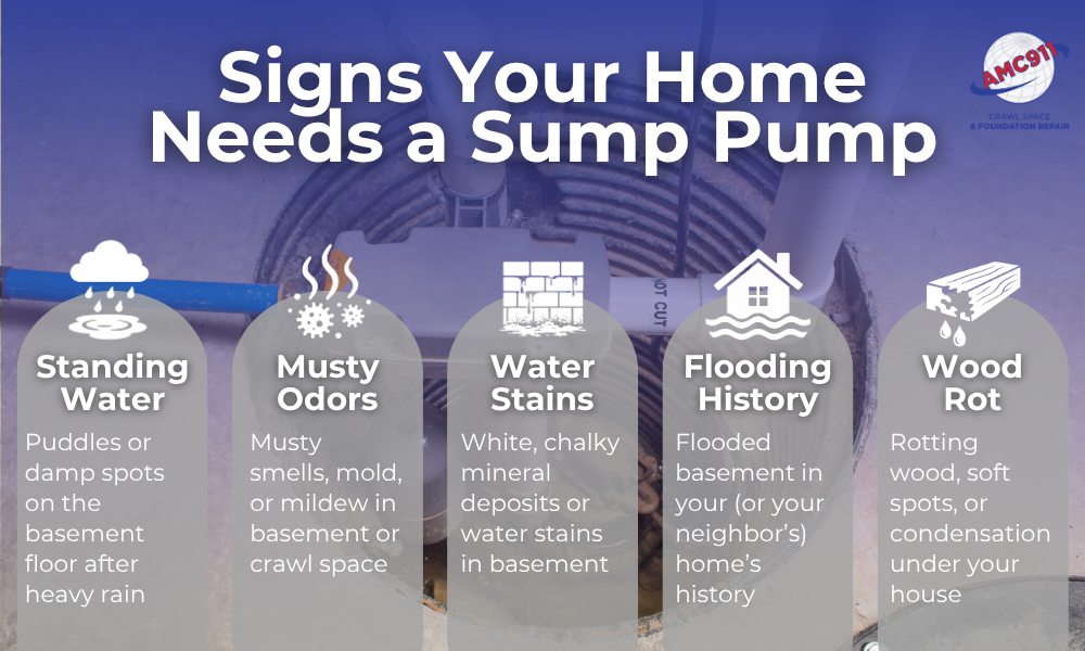 Signs your home needs a sump pump infographic: Standing water, musty odors, water stains, flooding history, and wood rot