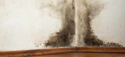 Black mould buildup in the corner of an old house