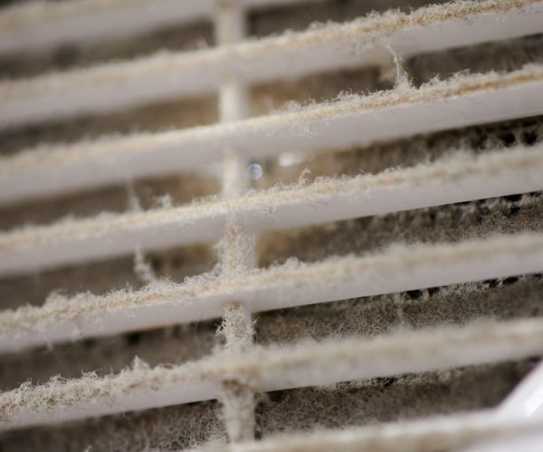 Extremely dirty air ventilation grill of HVAC with dusty clogged filter, close up
