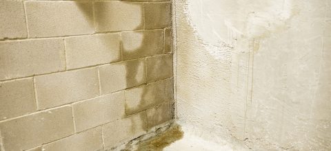 Image of a basement floor with moisture buildup in the corner.