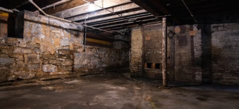 Interior of old grungy warehouse basement.